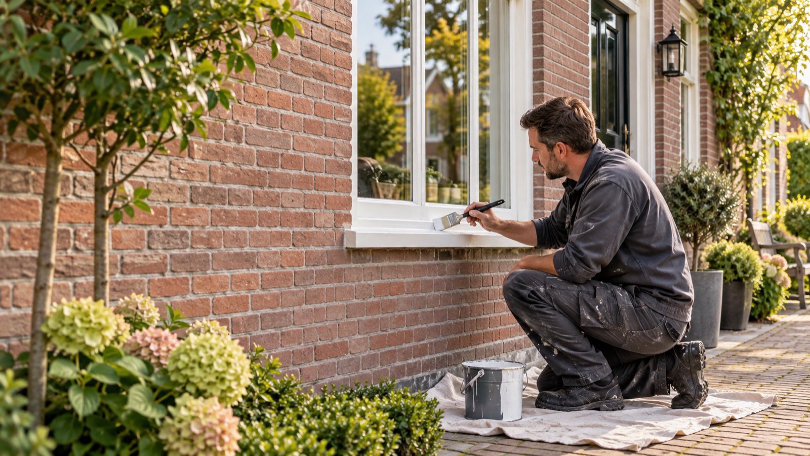 Onderhoudsschilder werkt aan een houten buitenkozijn