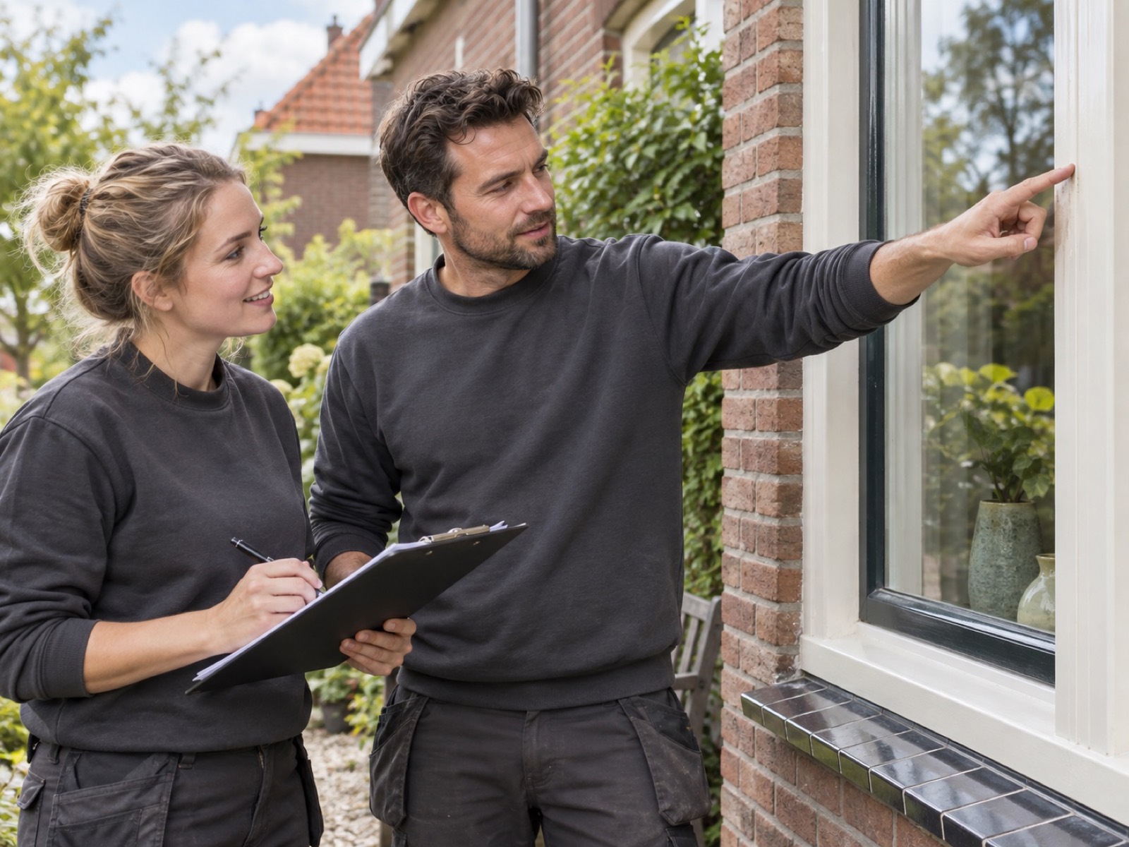Vakmensen bespreken onderhoud aan een woning