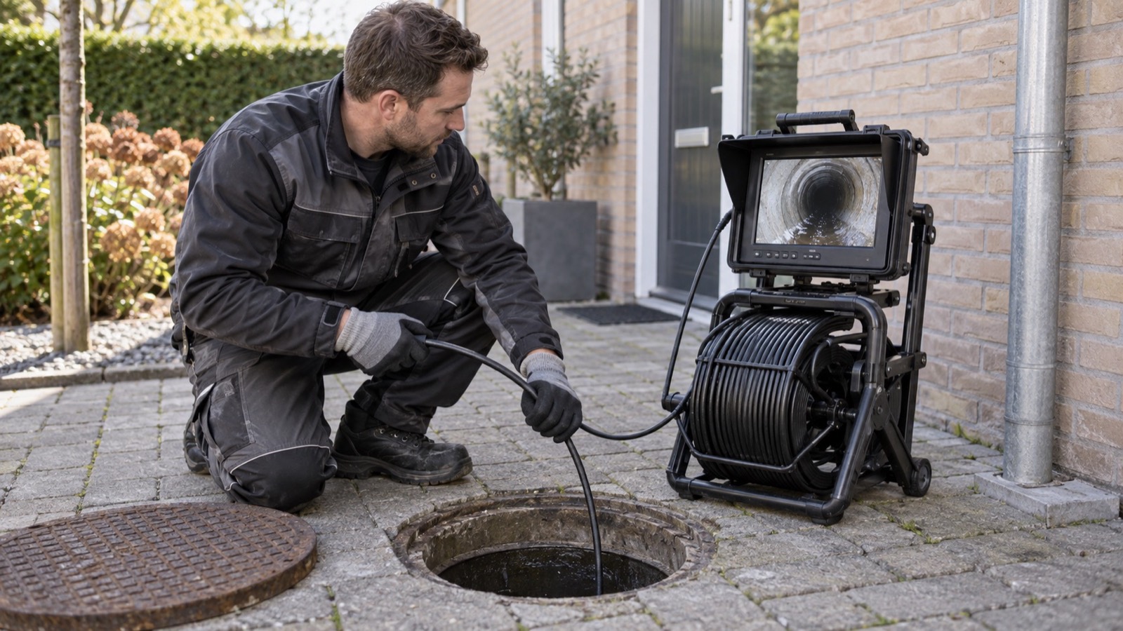 Camera-inspectie van een riool via een inspectieput